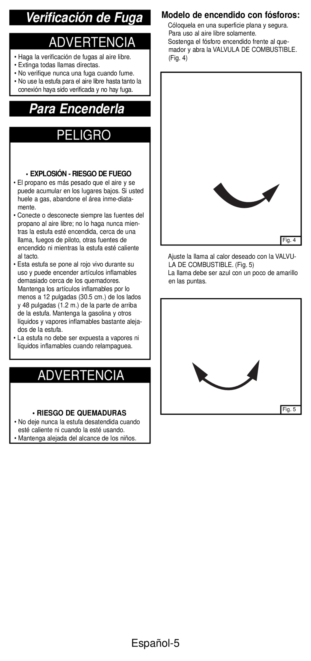 Coleman 5432A Series Verificación de Fuga, Para Encenderla, Español-5, Explosión Riesgo DE Fuego, Riesgo DE Quemaduras 