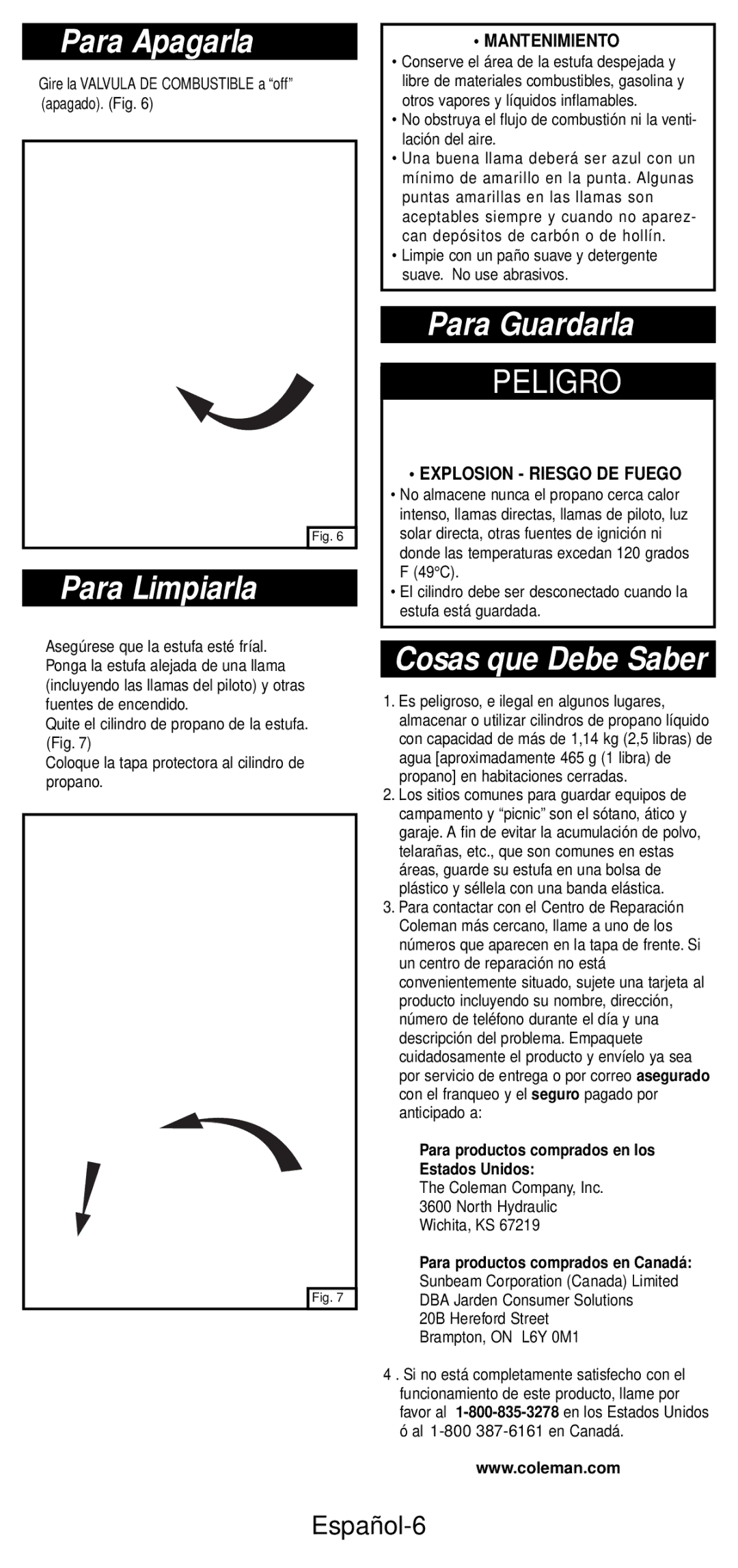 Coleman 5432A Series manual Para Apagarla, Para Limpiarla, Para Guardarla, Cosas que Debe Saber, Español-6 