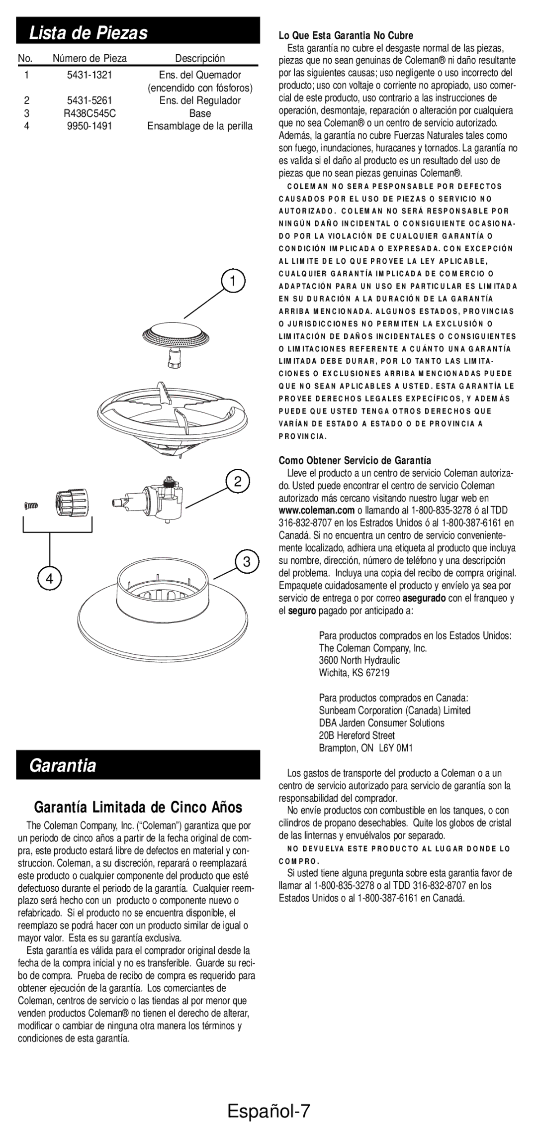 Coleman 5432A Series manual Lista de Piezas, Garantia, Español-7 