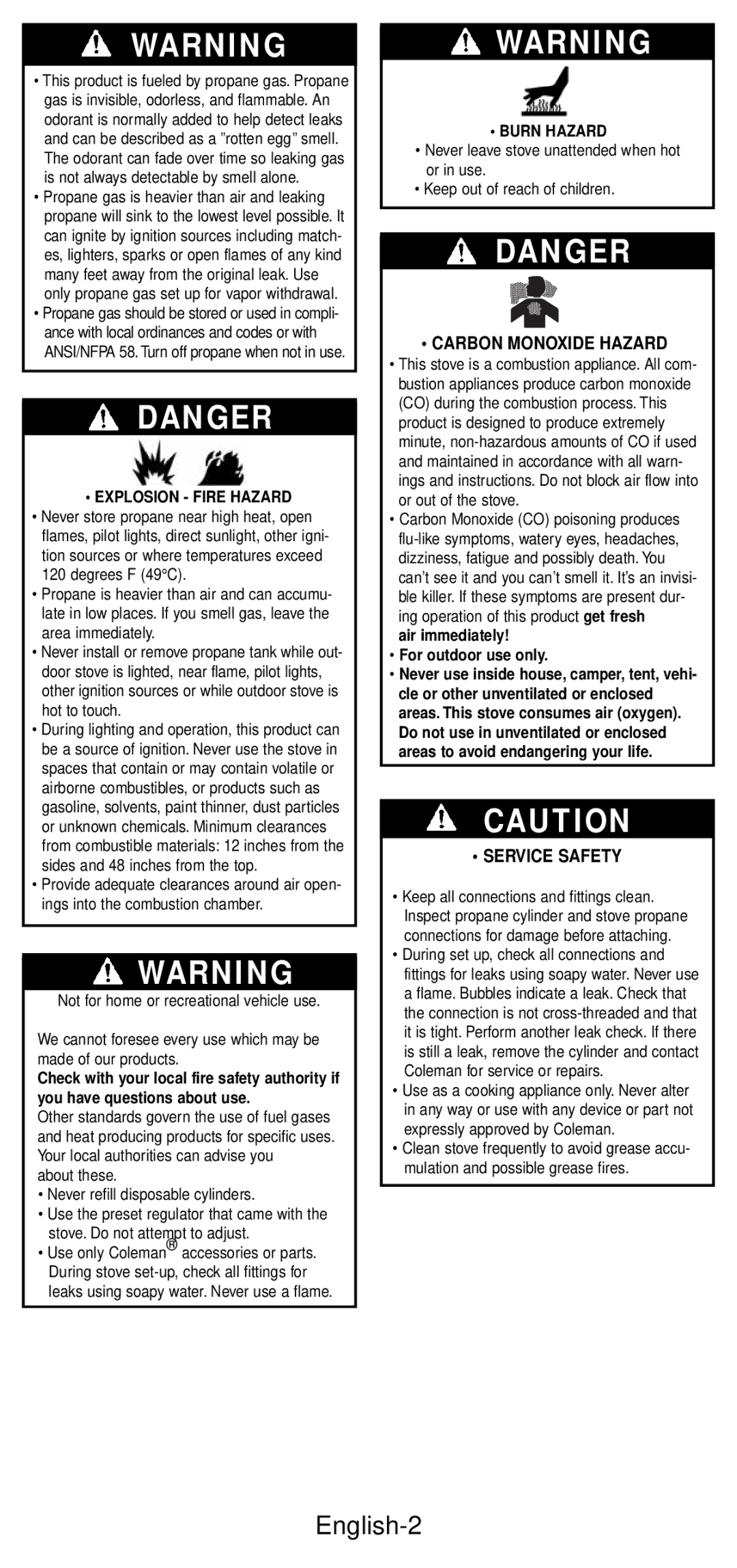 Coleman 5432A Series manual English-2, Carbon Monoxide Hazard, Service Safety, Explosion Fire Hazard, Burn Hazard 