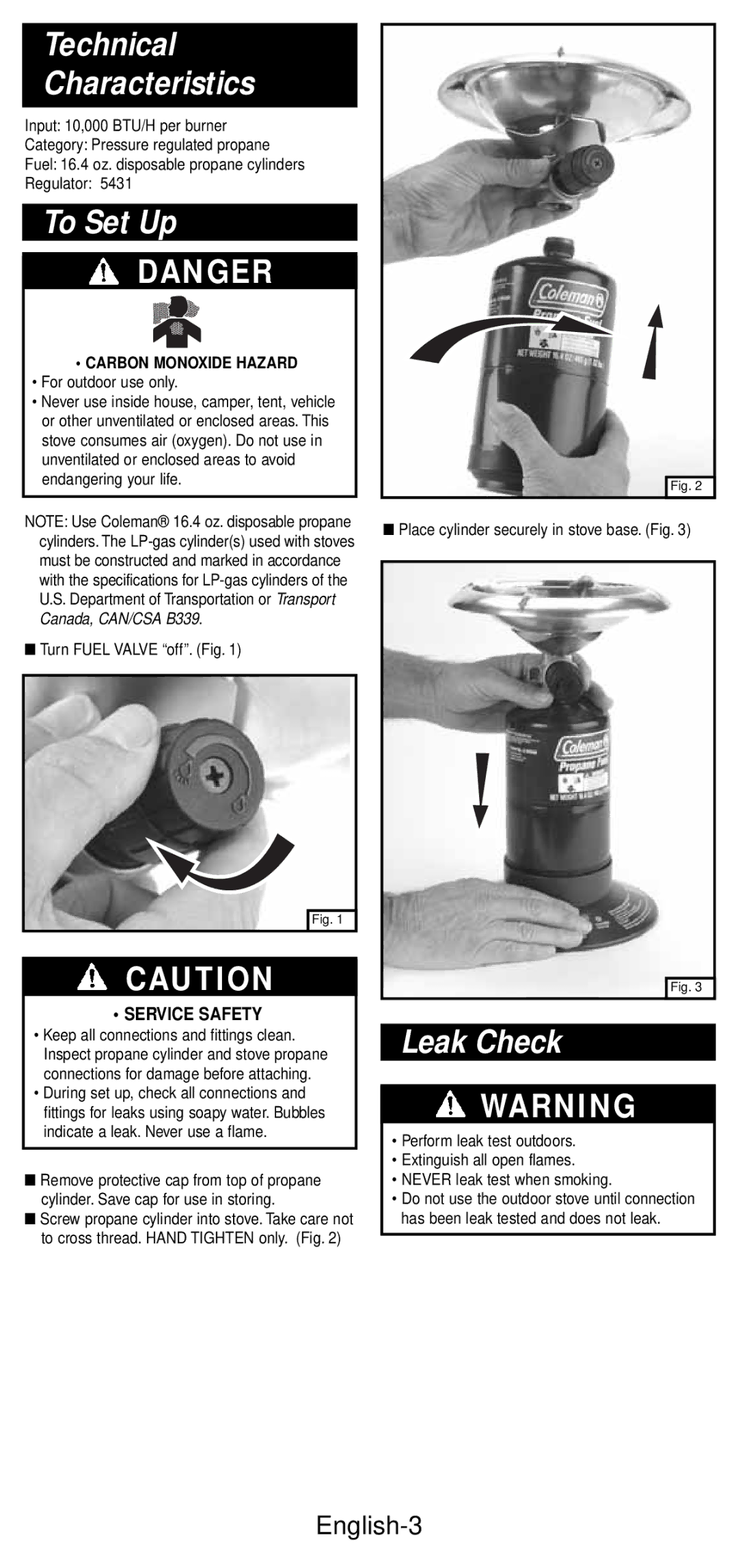 Coleman 5432A Series manual Technical Characteristics, To Set Up, Leak Check, English-3, Carbon Monoxide Hazard 