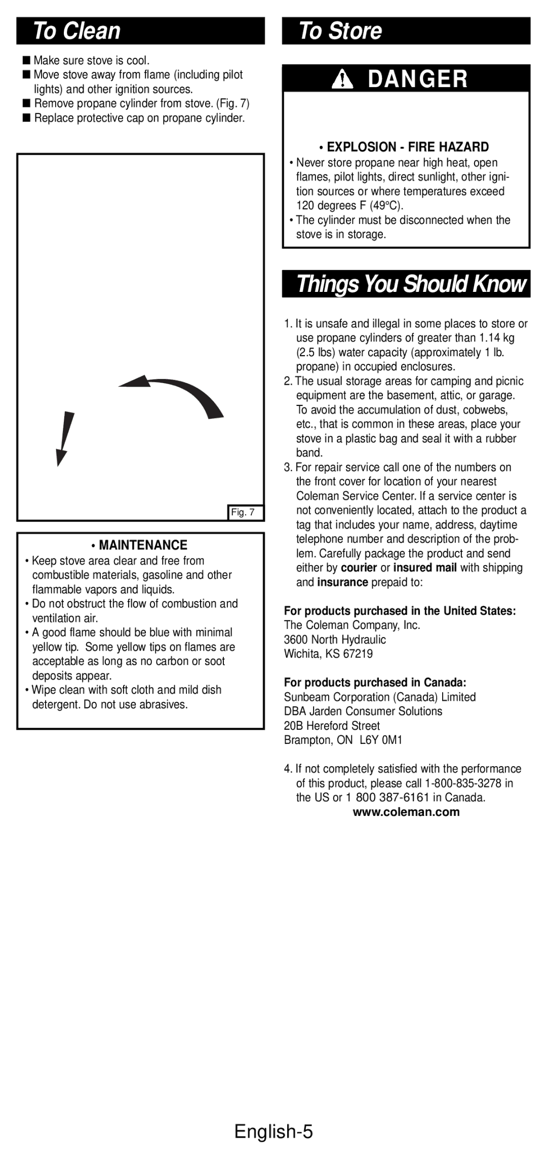 Coleman 5432A Series manual To Clean, To Store, English-5, Maintenance, Explosion Fire Hazard 