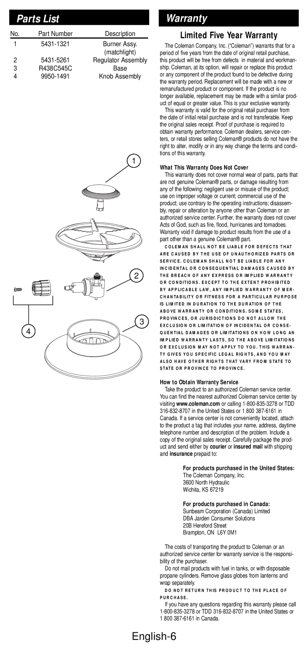 Coleman 5432A Series manual Parts List, English-6, Limited Five Year Warranty 
