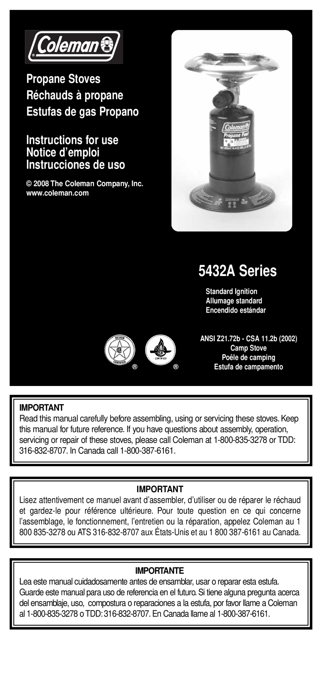 Coleman 5432A Series manual Propane Stoves Réchauds à propane Estufas de gas Propano, Importante, ANSI Z21.72b - CSA 11.2b 