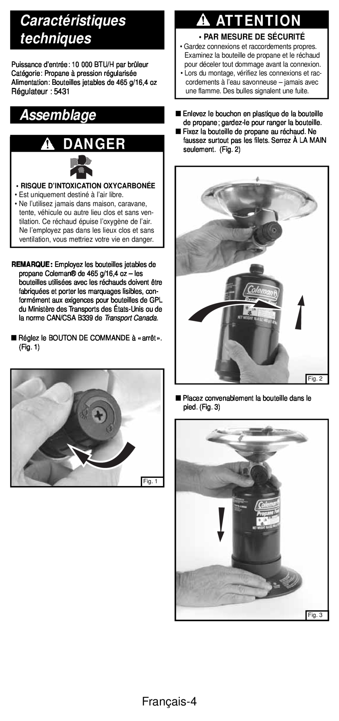 Coleman 5432A Series manual Assemblage, Danger, Caractéristiques techniques, Français-4, Régulateur, Par Mesure De Sécurité 