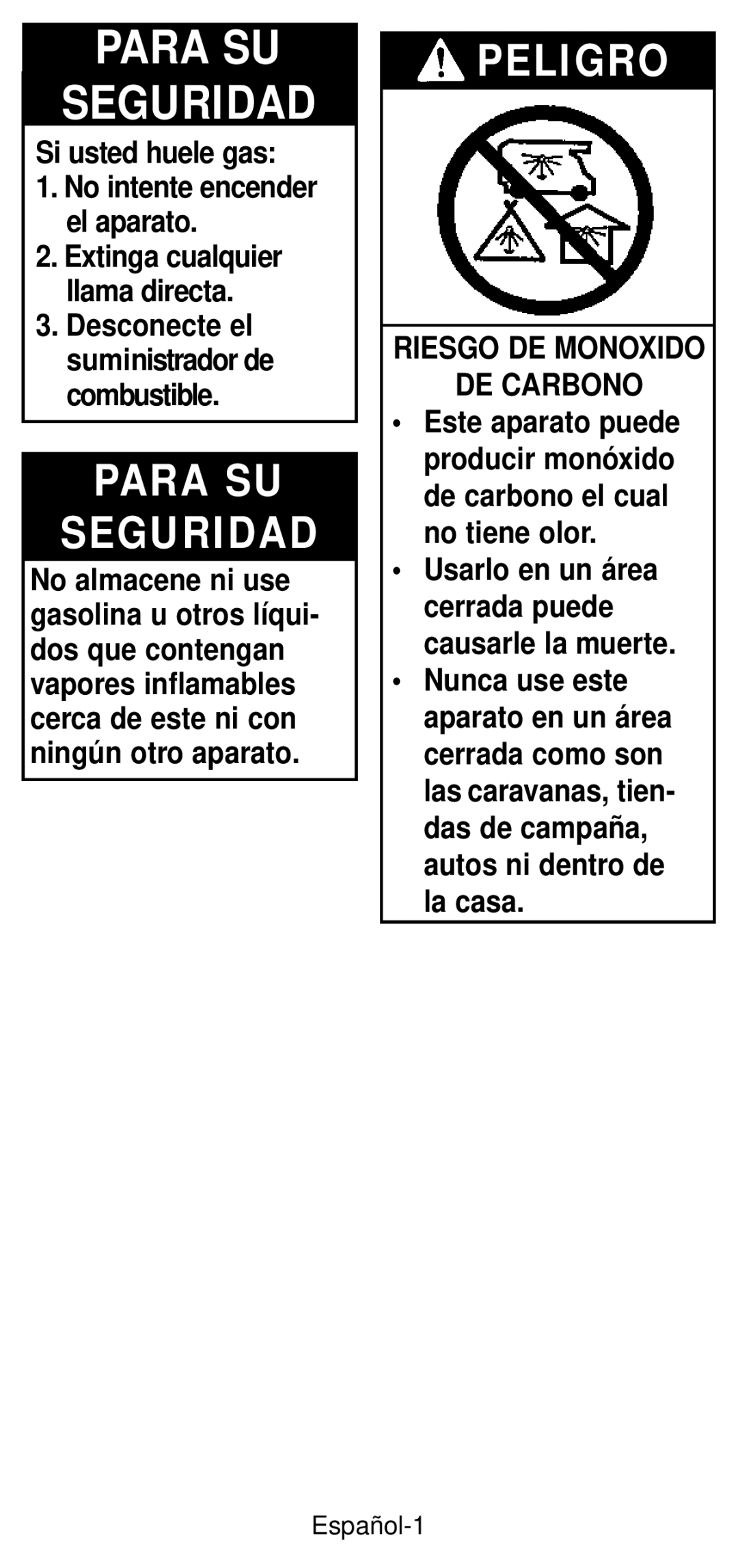 Coleman 5432A Series manual Para Su Seguridad, Peligro, Si usted huele gas, De Carbono 