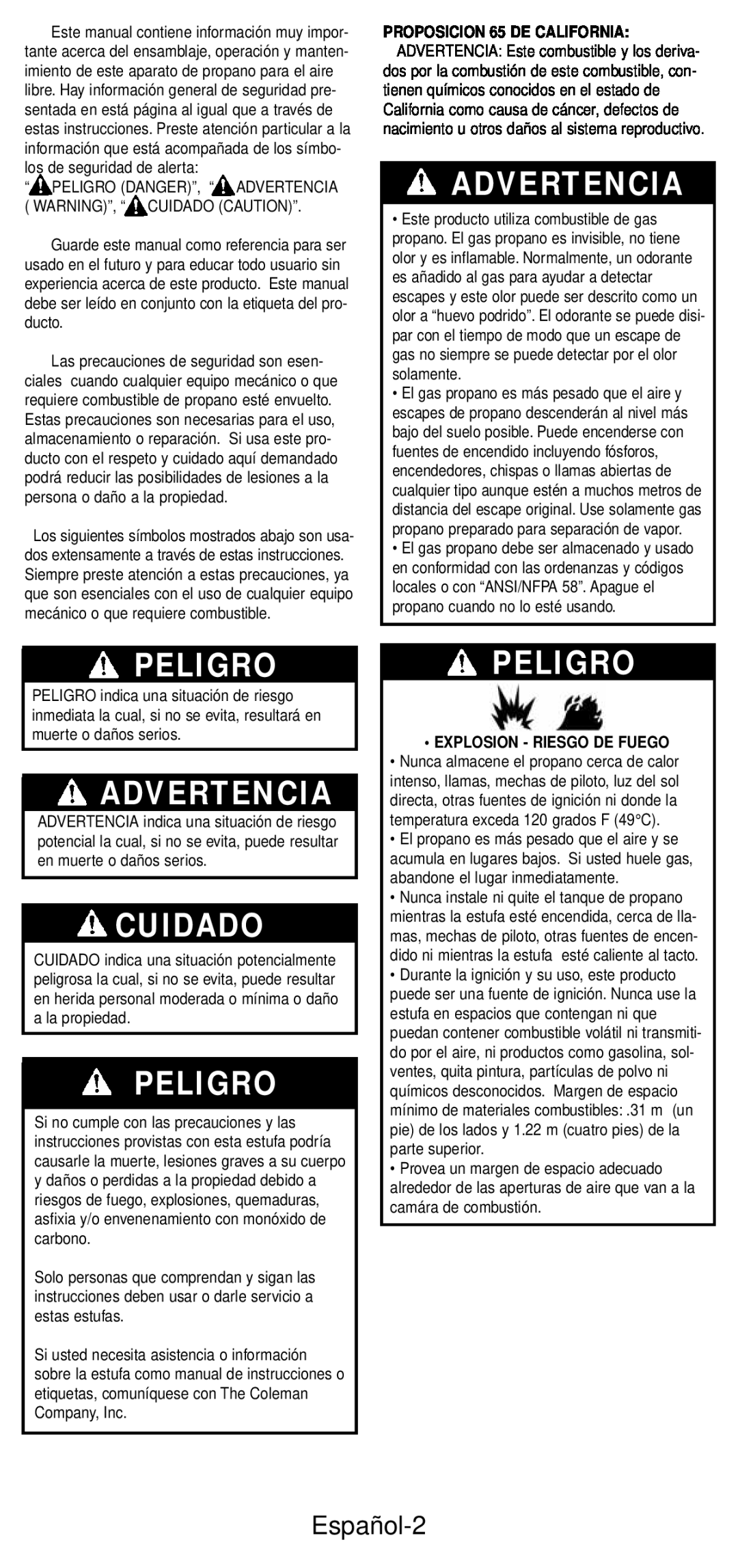 Coleman 5432A Series manual Advertencia, Peligro, Cuidado, Español-2, Explosion - Riesgo De Fuego 
