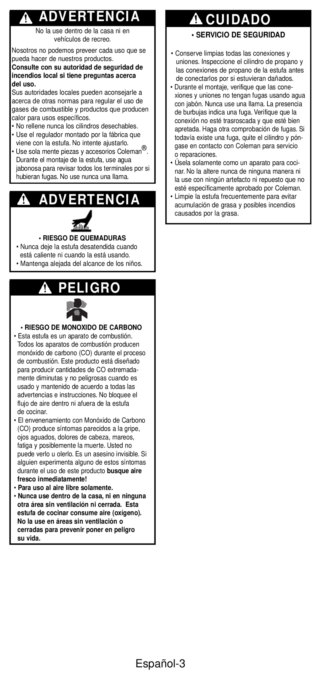 Coleman 5432A Series manual Advertencia, Peligro, Cuidado, Español-3, Servicio De Seguridad, Riesgo De Quemaduras 