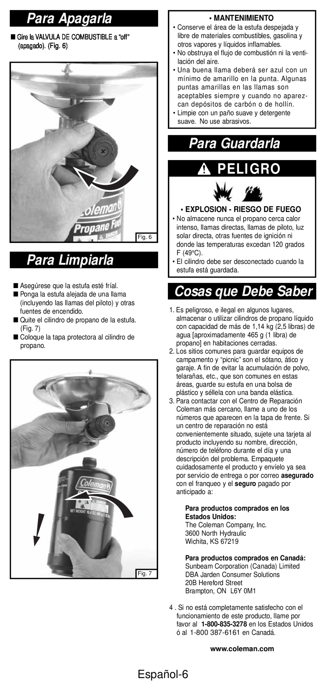 Coleman 5432A Series manual Para Apagarla, Para Limpiarla, Para Guardarla, Cosas que Debe Saber, Peligro, Español-6 