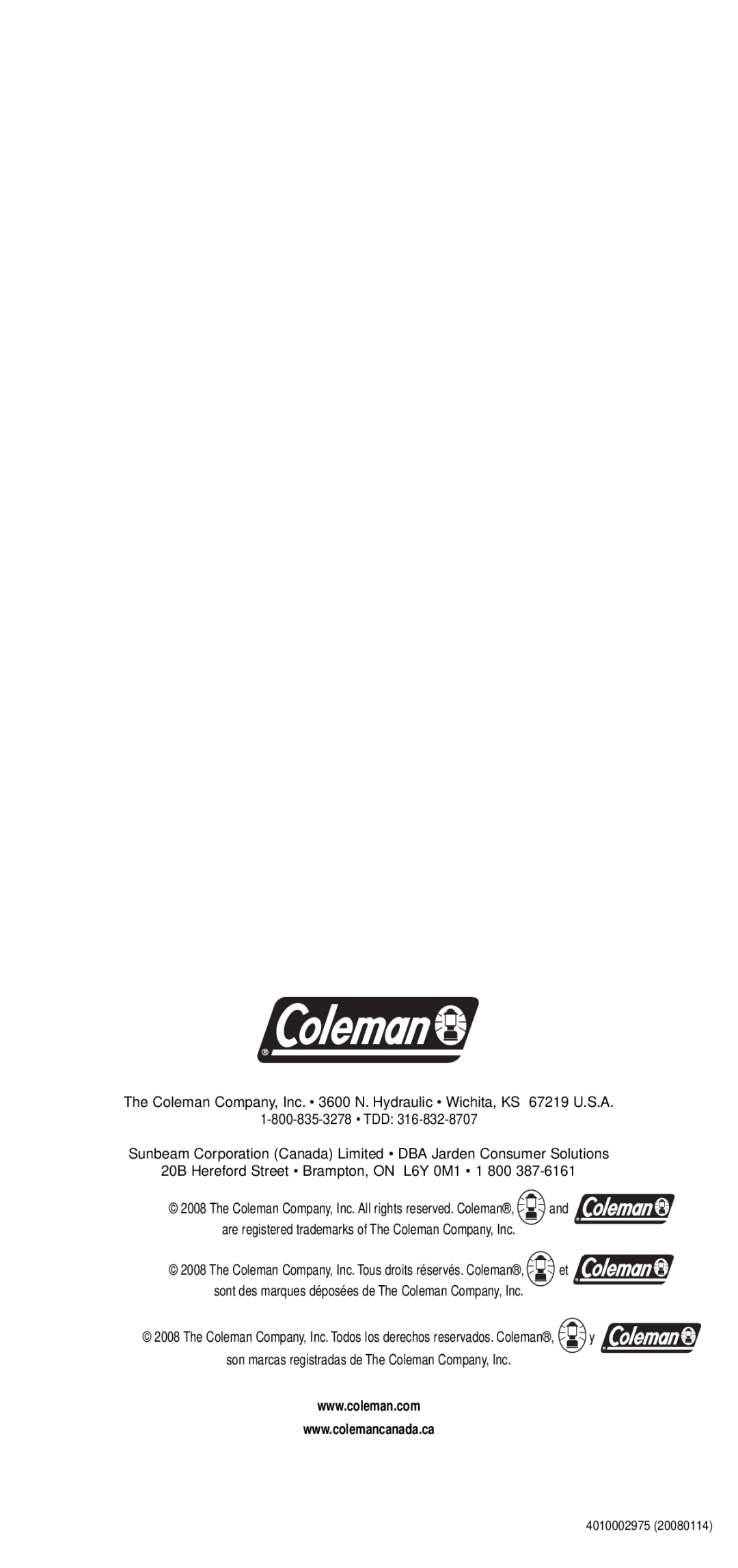 Coleman 5432A Series manual The Coleman Company, Inc. 3600 N. Hydraulic Wichita, KS 67219 U.S.A 