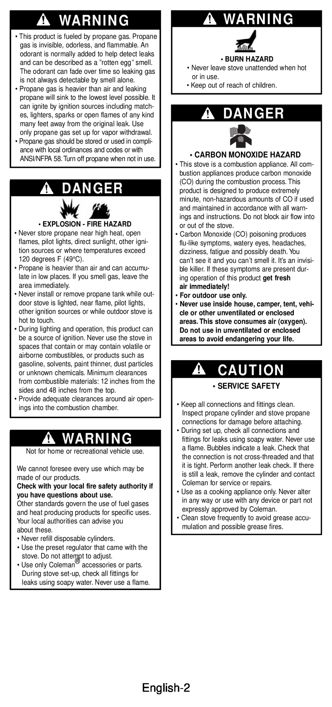 Coleman 5432A Series manual Danger, English-2, Carbon Monoxide Hazard, Service Safety, Explosion - Fire Hazard, Burn Hazard 