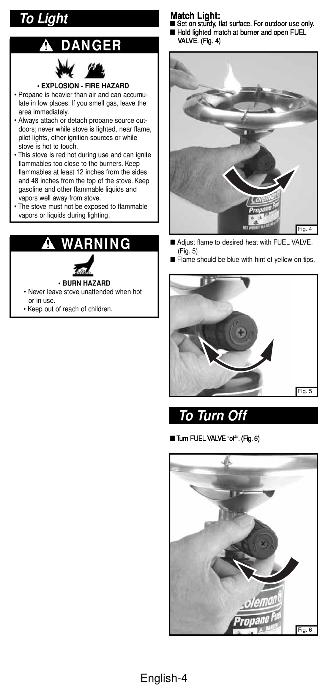 Coleman 5432A Series manual To Light, To Turn Off, Danger, English-4, Match Light, Explosion - Fire Hazard, Burn Hazard 