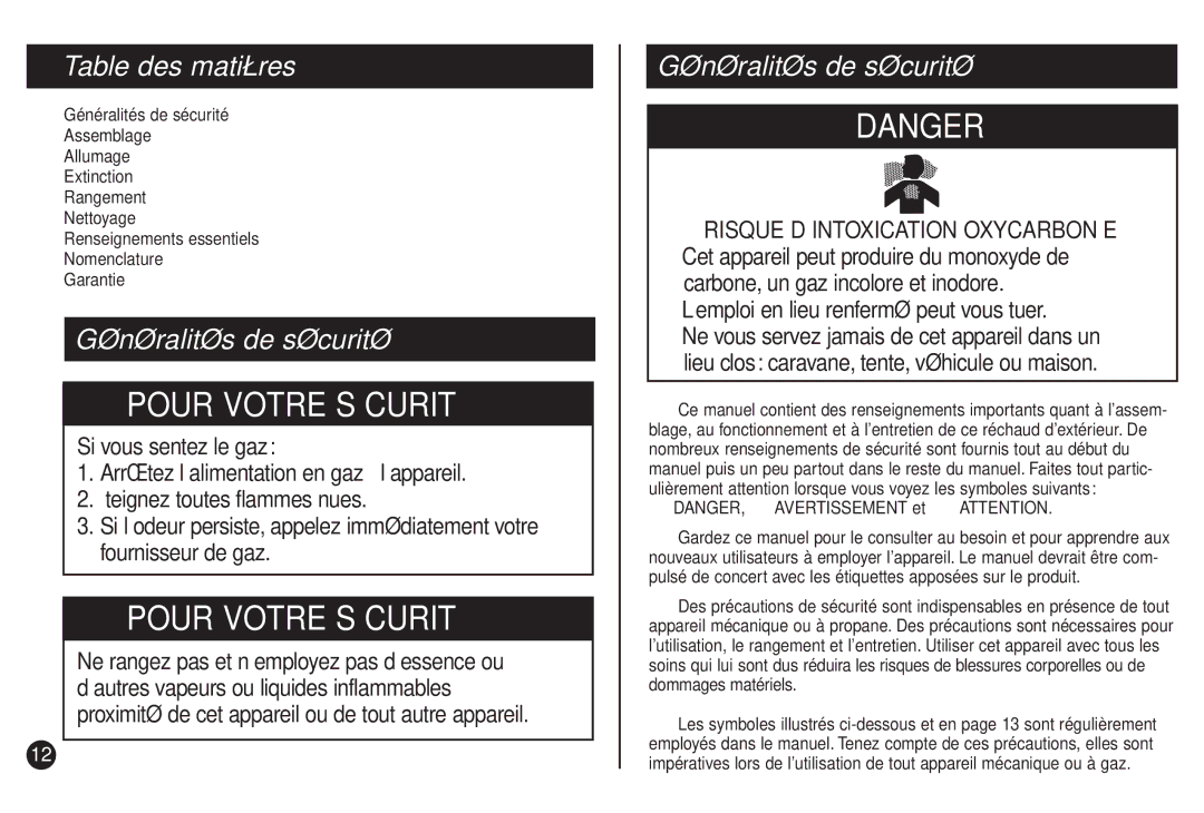 Coleman 5435D, 5430C manual Table des matières, Généralités de sécurité 