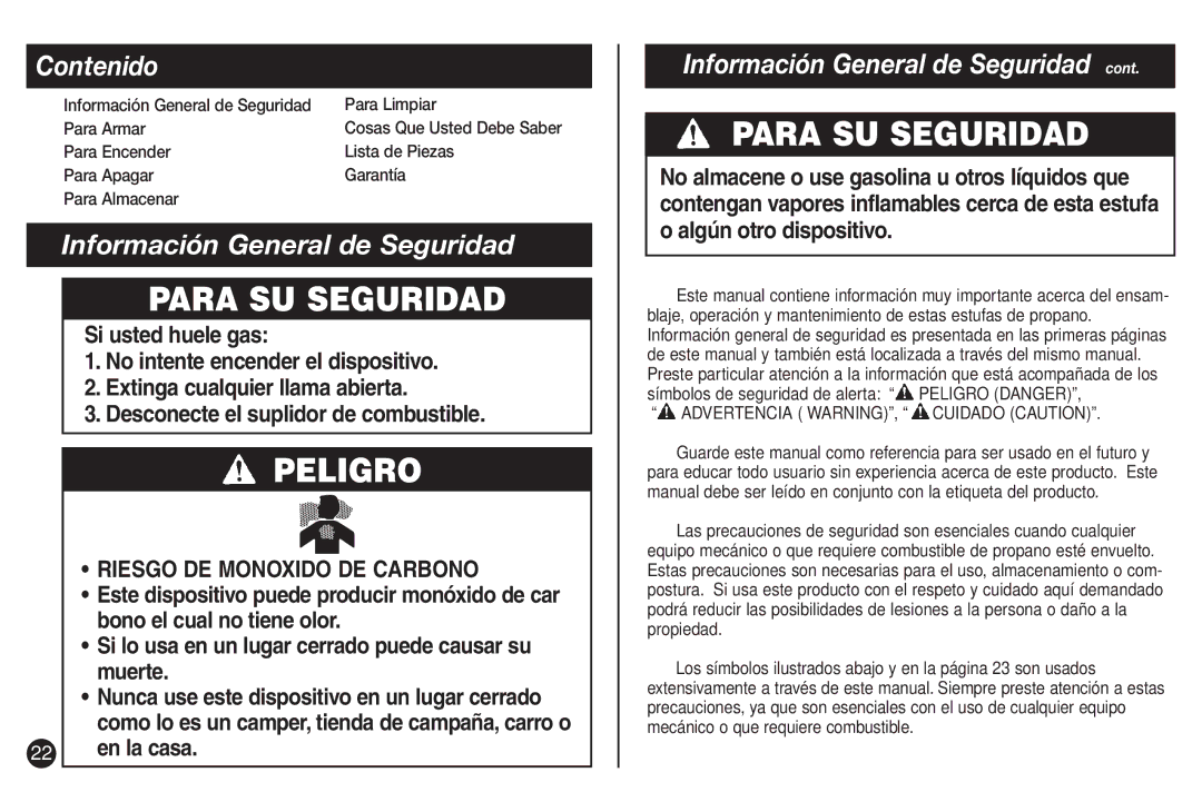 Coleman 5435D, 5430C manual Contenido, Símbolos de seguridad de alerta 