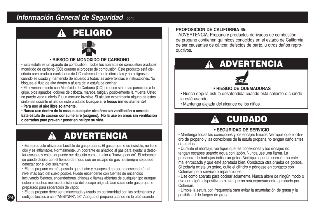 Coleman 5435D, 5430C Riesgo DE Monoxido DE Carbono, Proposicion DE California, Riesgo DE Quemaduras, Seguridad DE Servicio 