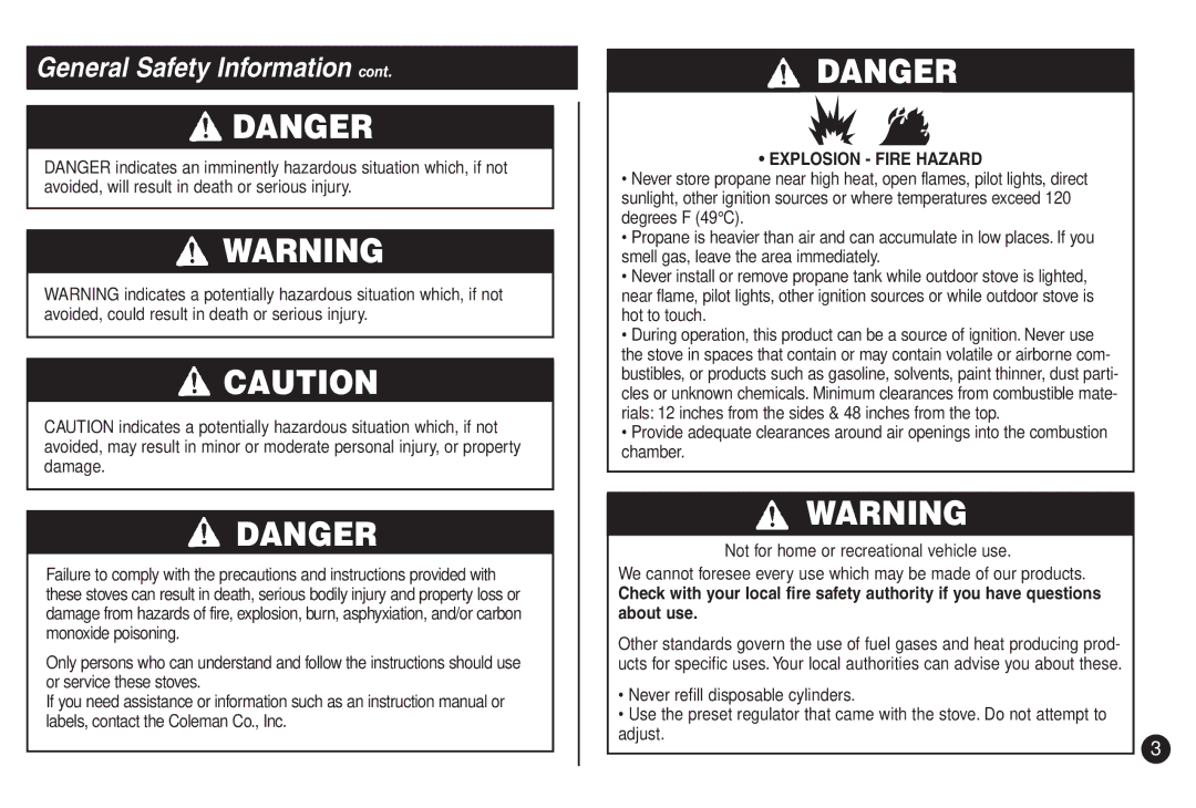 Coleman 5430C, 5435D manual General Safety Information, Explosion Fire Hazard 