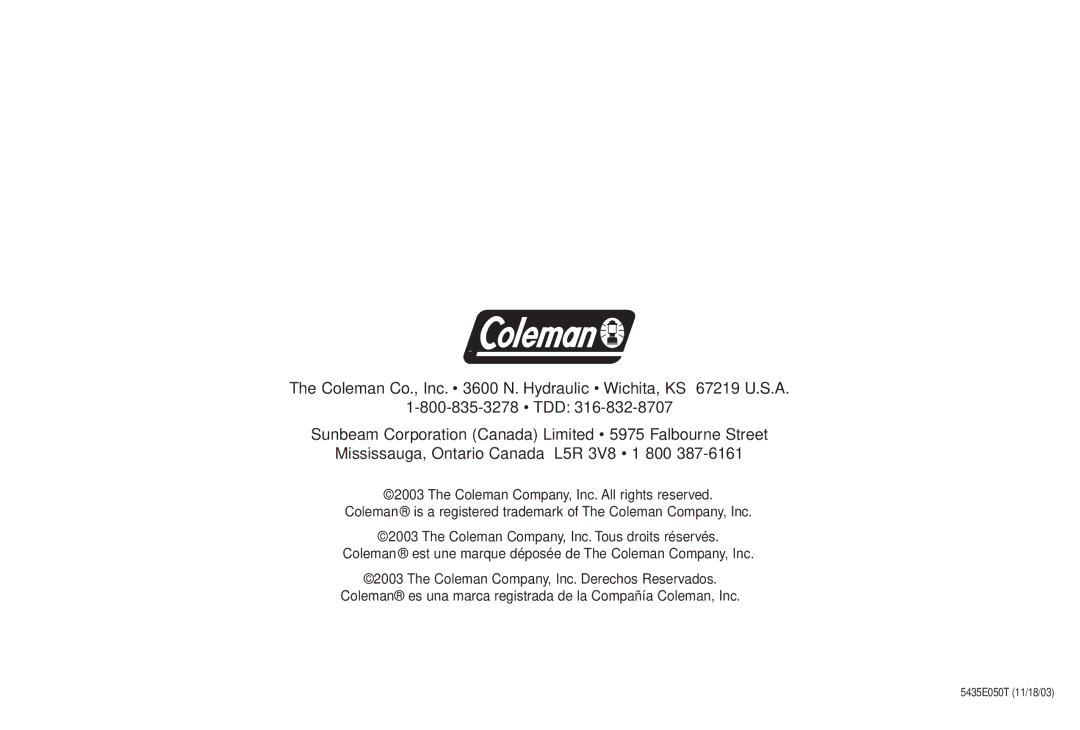 Coleman 5435D, 5430C manual 5435E050T 11/18/03 