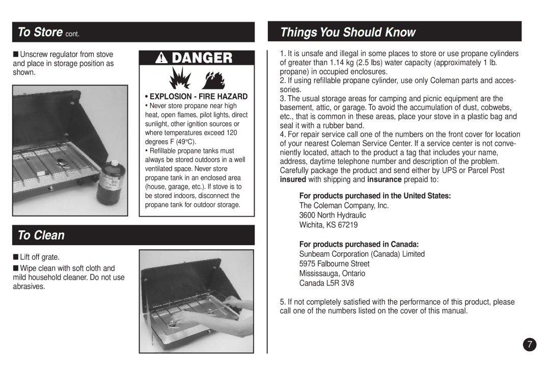 Coleman 5430C, 5435D manual To Clean, Things You Should Know, For products purchased in the United States, Canada L5R 