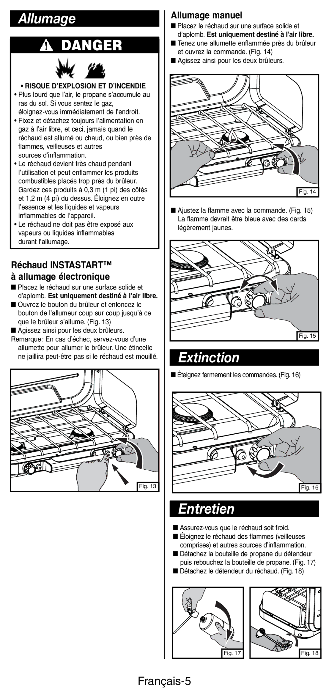 Coleman 5441 Series manual Extinction, Entretien, Français-5, Allumage manuel 