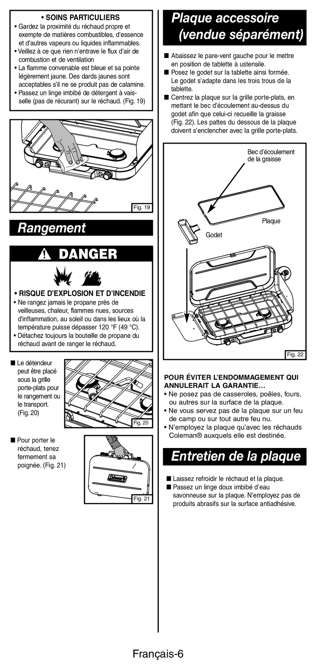 Coleman 5441 Series manual Rangement, Entretien de la plaque, Français-6, Soins Particuliers 