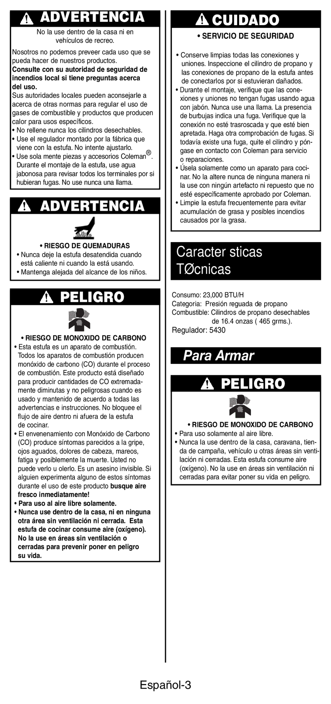 Coleman 5441 Series manual Características Técnicas, Para Armar, Español-3, Servicio DE Seguridad 