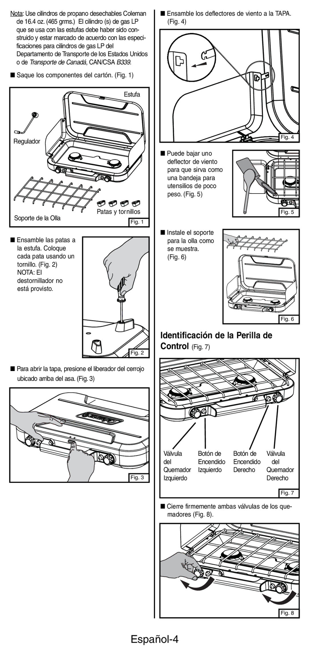 Coleman 5441 Series manual Español-4, Identificación de la Perilla de, Control Fig 