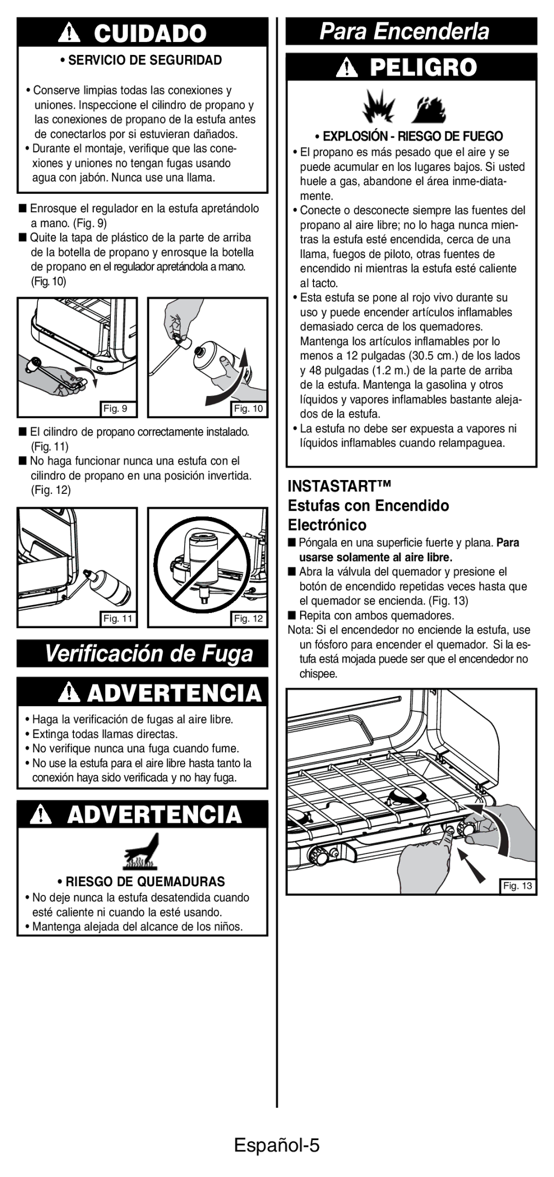 Coleman 5441 Series manual Para Encenderla, Verificación de Fuga, Español-5, Estufas con Encendido Electrónico 