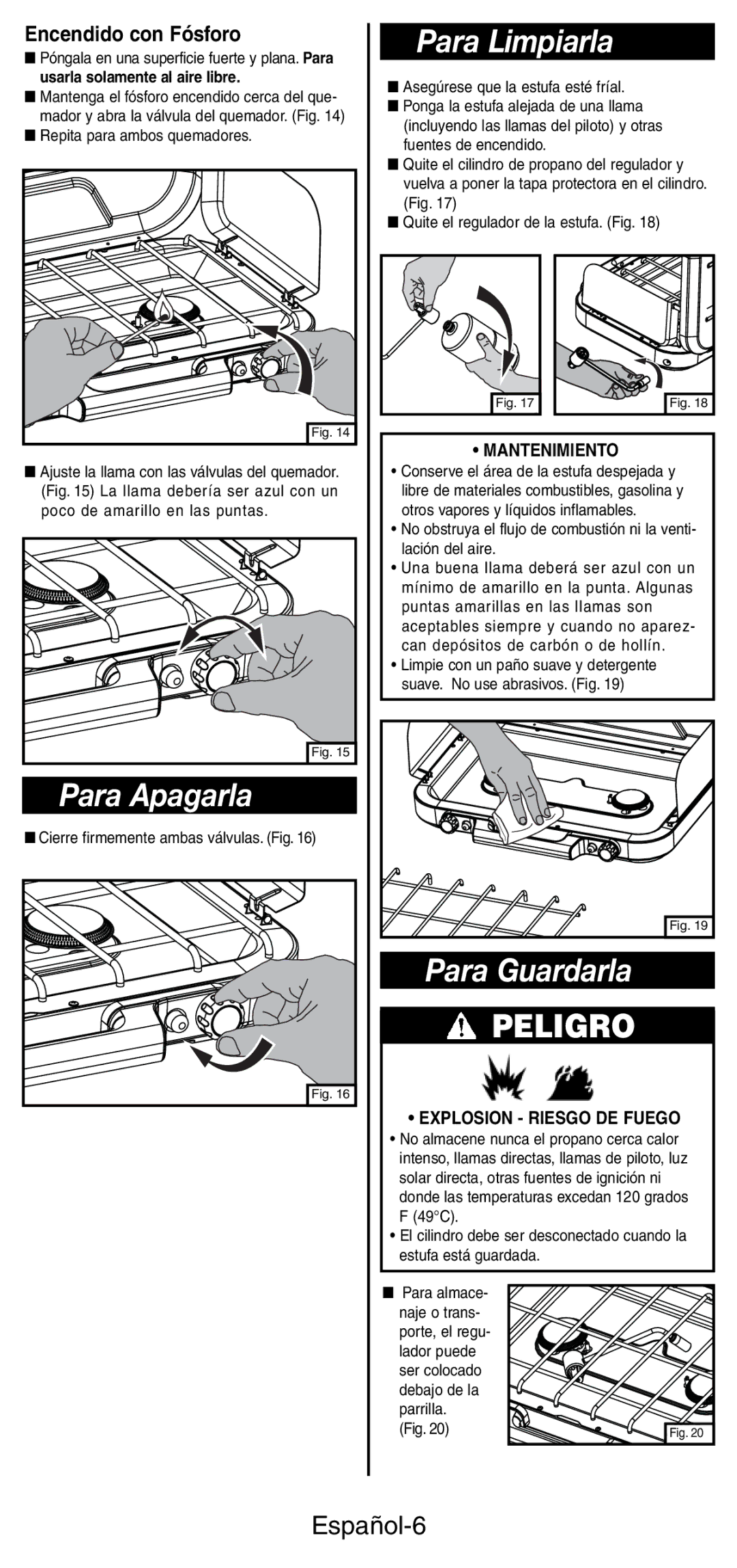 Coleman 5441 Series manual Para Limpiarla, Para Apagarla, Para Guardarla, Español-6, Encendido con Fósforo 