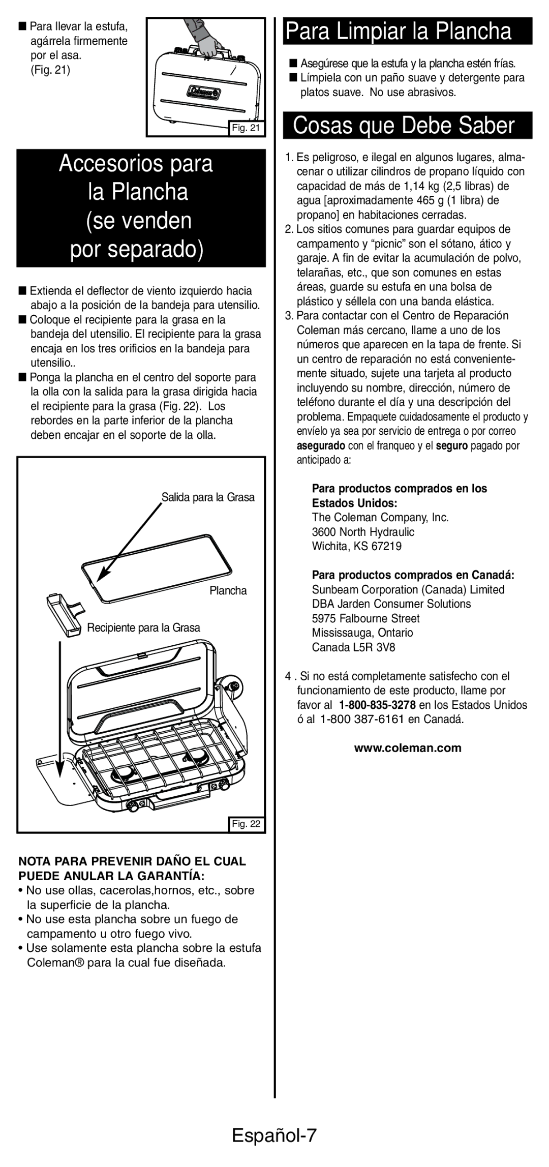 Coleman 5441 Series manual Para Limpiar la Plancha, Cosas que Debe Saber Accesorios para, Español-7 