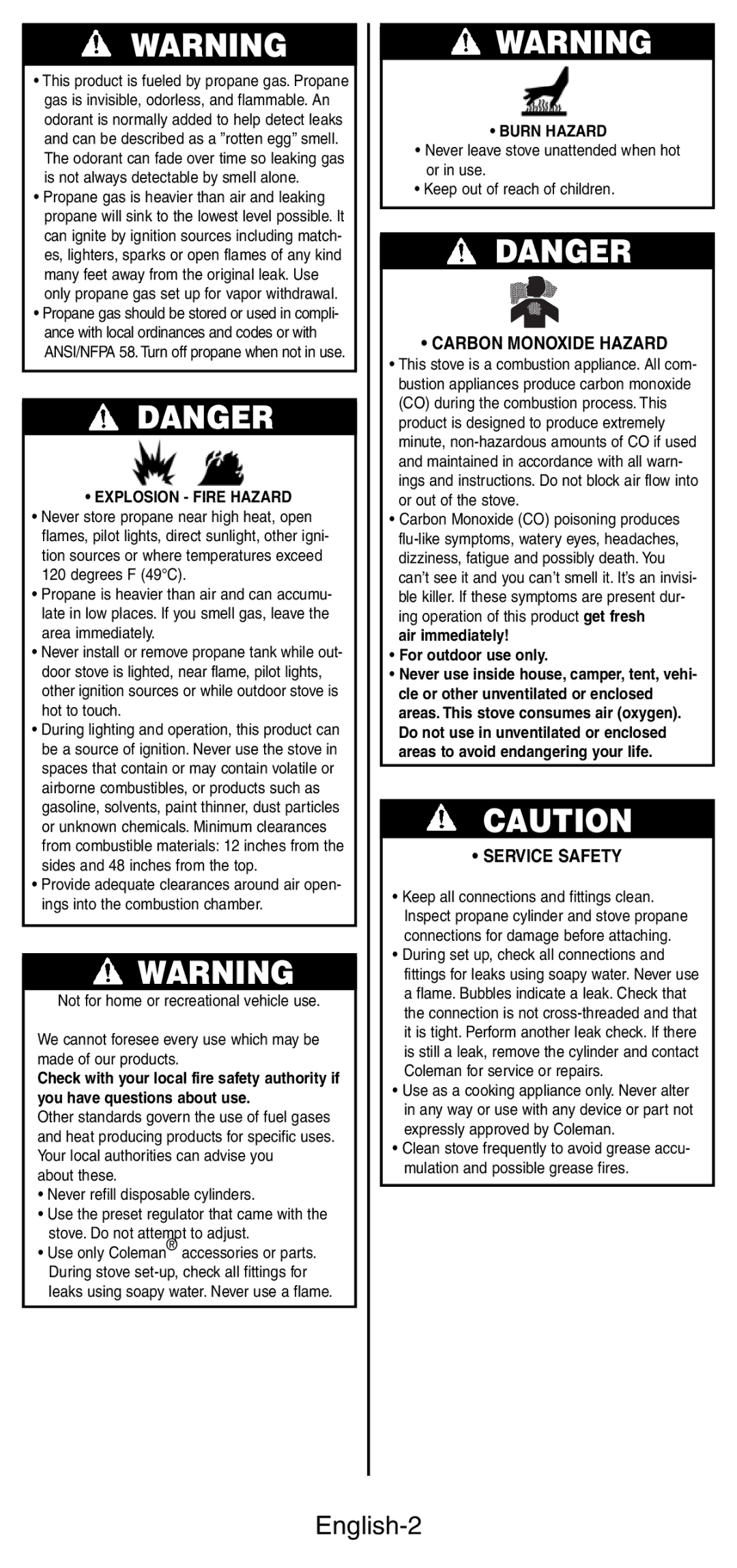 Coleman 5441 Series manual English-2, Carbon Monoxide Hazard, Service Safety, Explosion Fire Hazard, Burn Hazard 