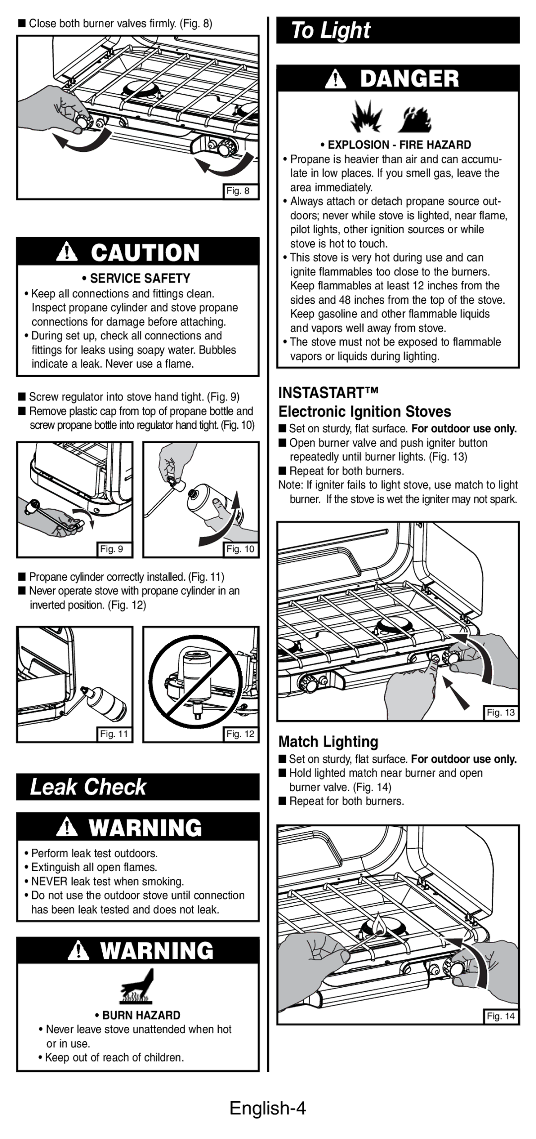 Coleman 5441 Series manual To Light, Leak Check, English-4, Electronic Ignition Stoves, Match Lighting 