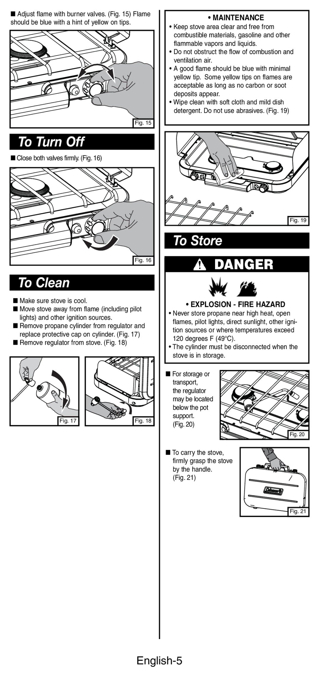 Coleman 5441 Series manual To Turn Off, To Clean, To Store, English-5 