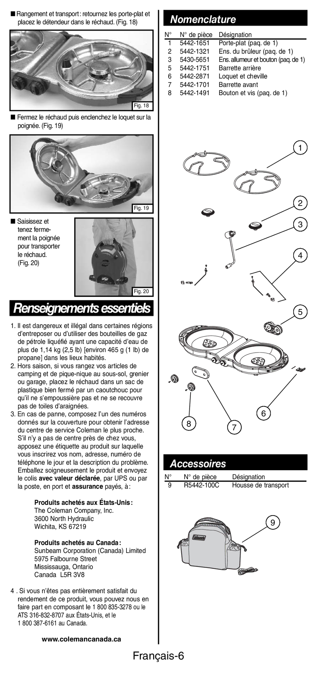 Coleman 5442 manual Nomenclature, Accessoires, Français-6 