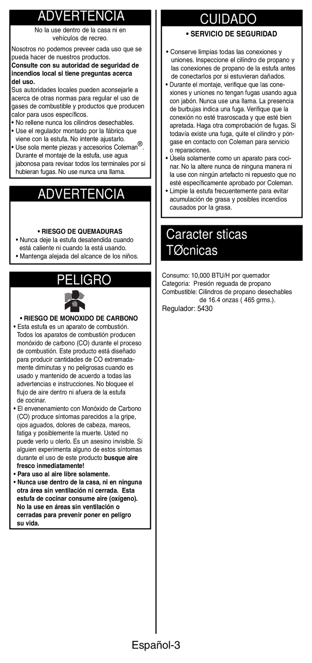 Coleman 5442 manual Características Técnicas, Español-3, Servicio DE Seguridad, Riesgo DE Quemaduras 