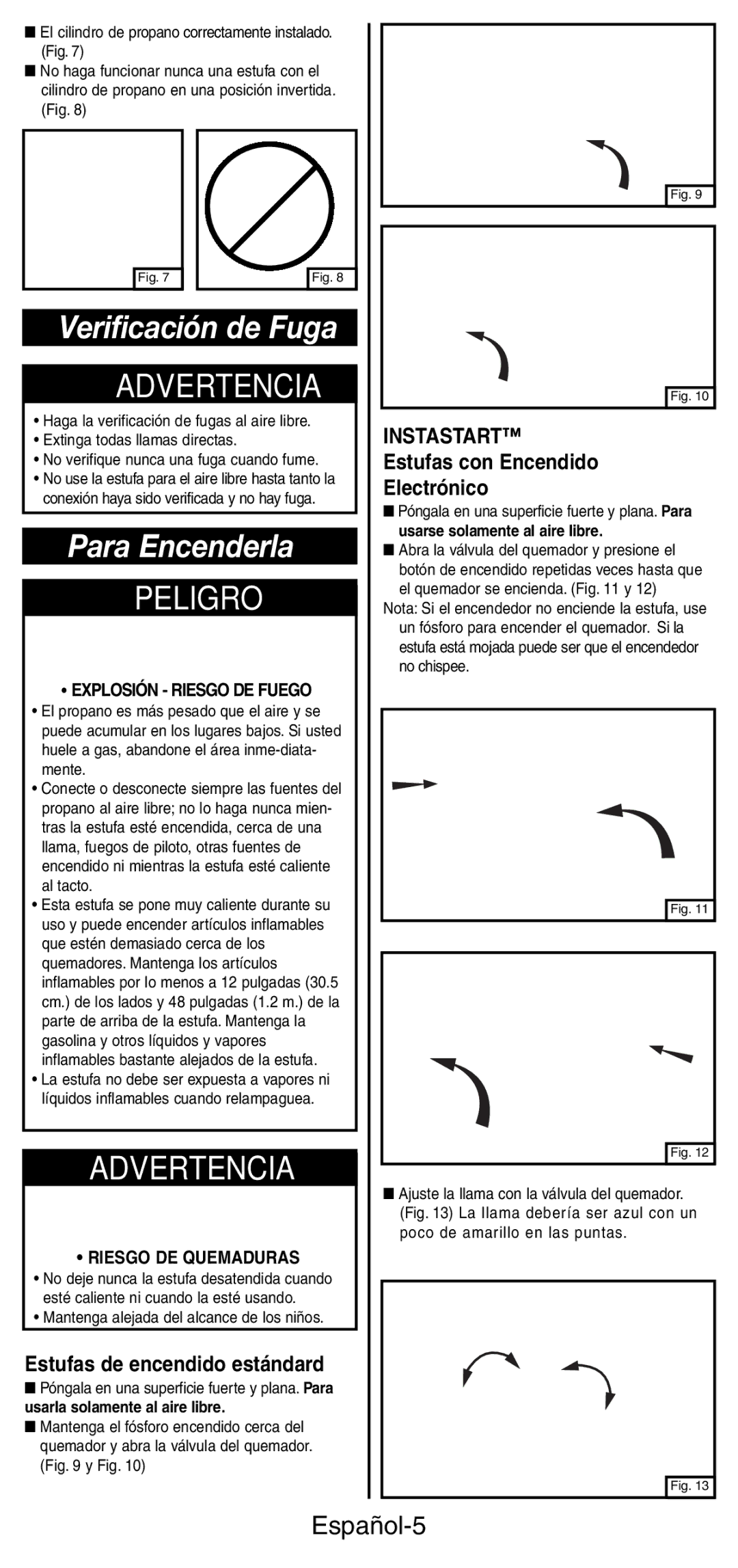 Coleman 5442 manual Verificación de Fuga, Para Encenderla, Español-5, Explosión Riesgo DE Fuego, Riesgo DE Quemaduras 