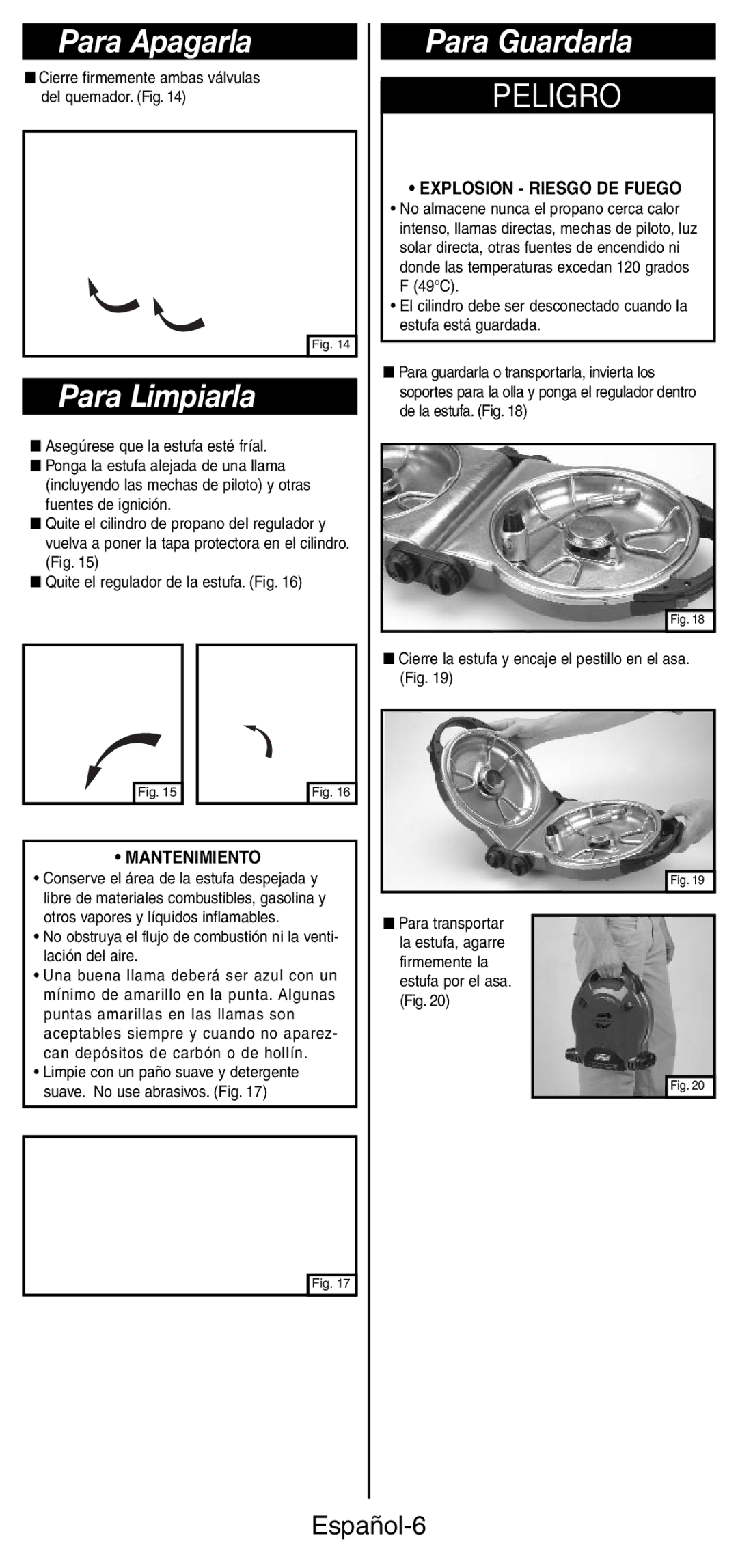 Coleman 5442 manual Para Apagarla, Para Limpiarla, Para Guardarla, Español-6 