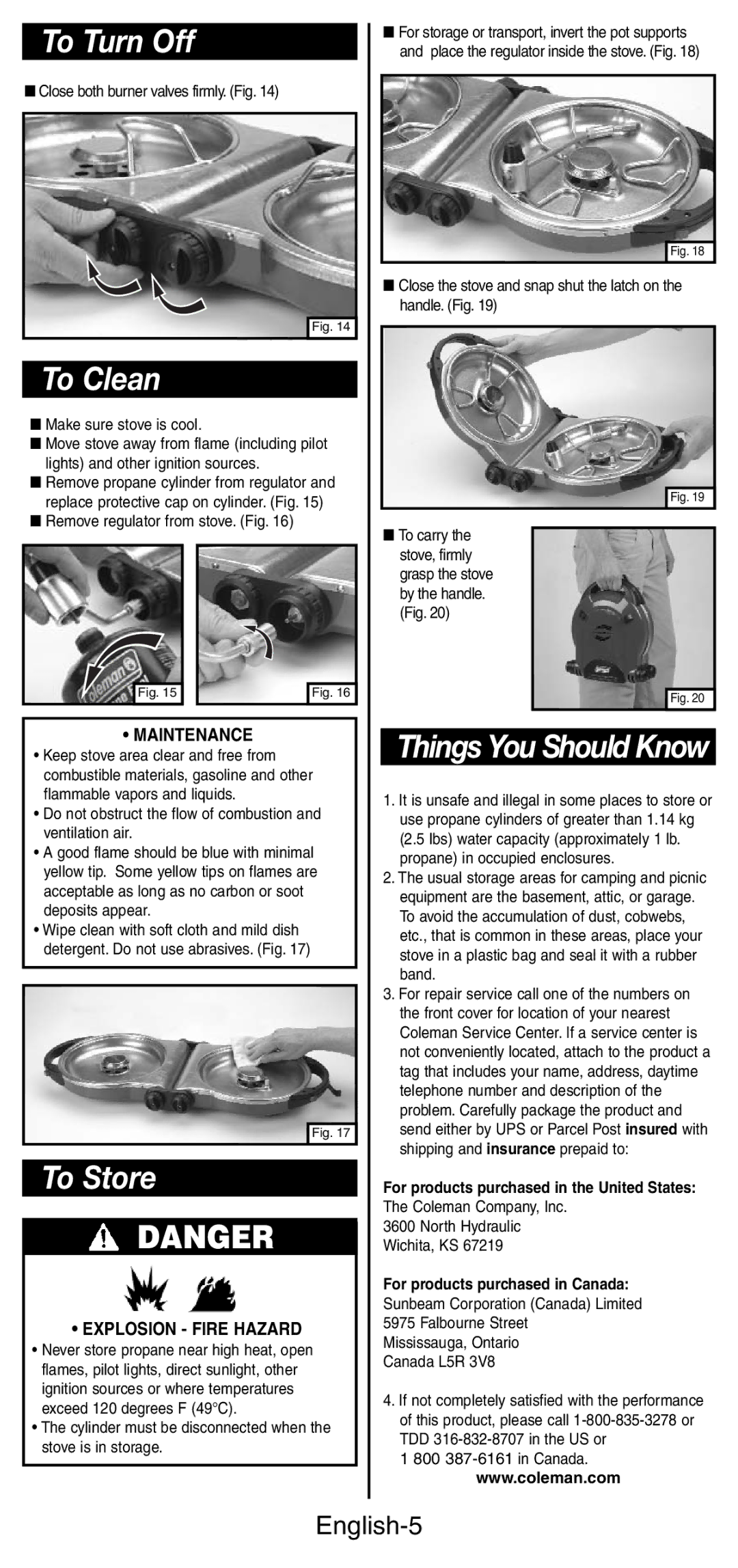 Coleman 5442 manual To Turn Off, To Clean, To Store, English-5 