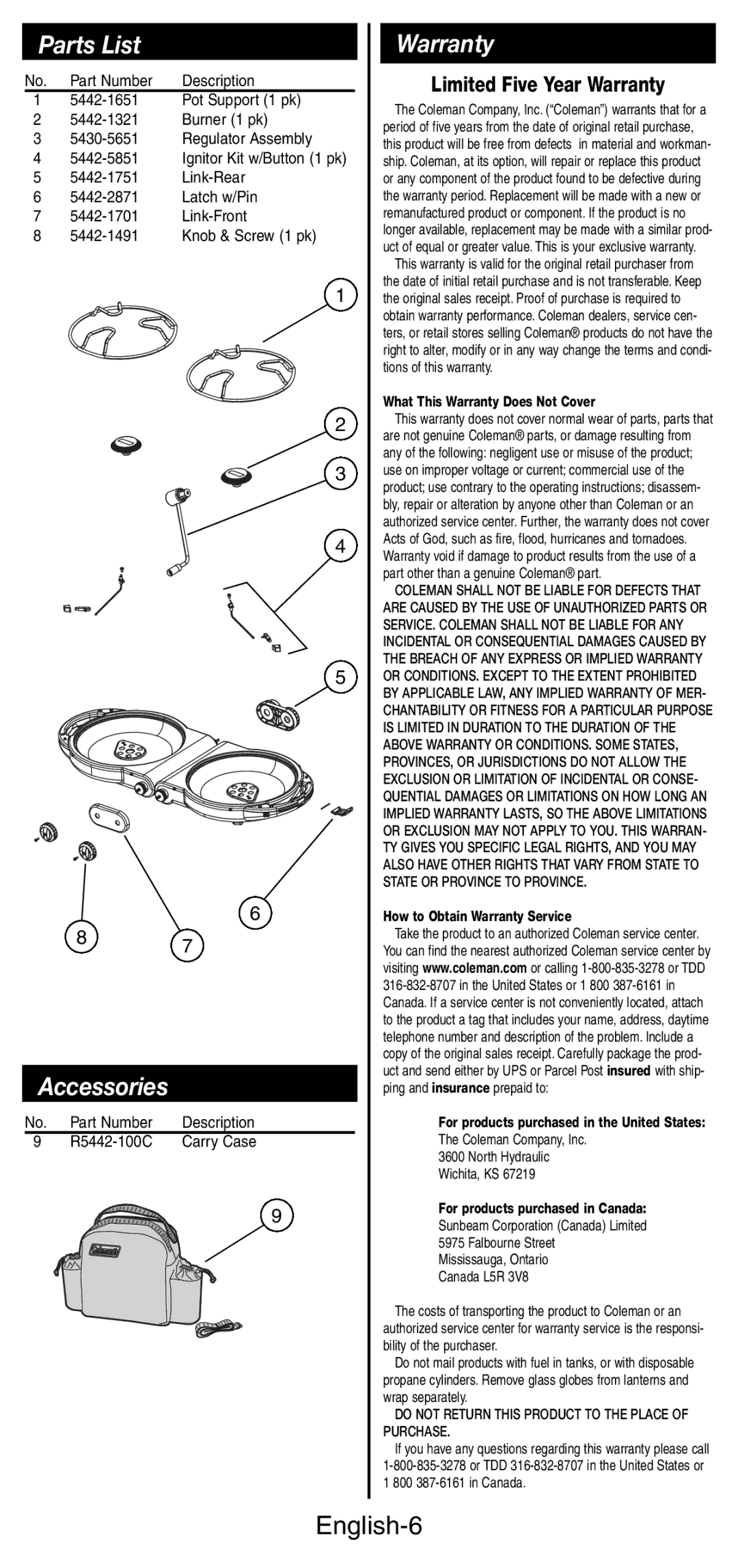 Coleman 5442 manual Parts List, Accessories, Warranty, English-6 