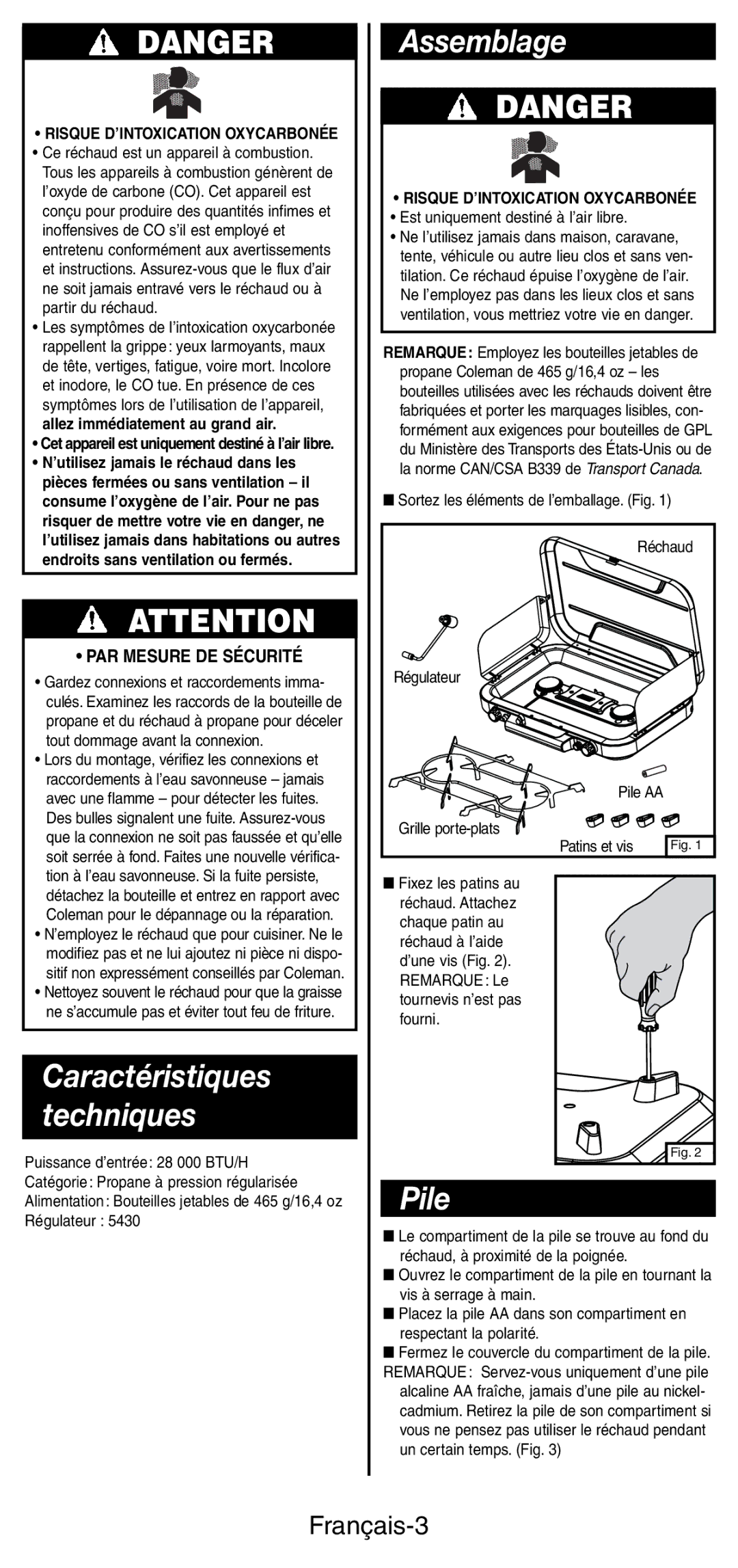 Coleman 5444 Series manual Assemblage, Pile, Français-3, PAR Mesure DE Sécurité, Risque D’INTOXICATION Oxycarbonée 