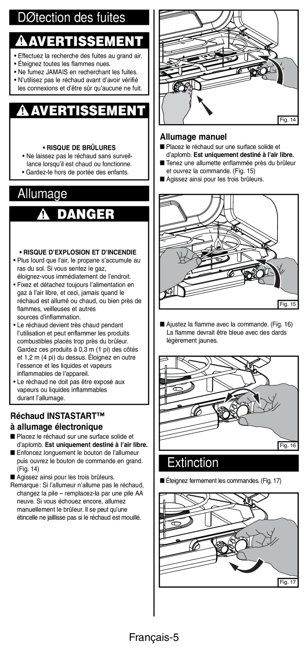 Coleman 5444 Series manual Détection des fuites, Extinction, Français-5, Allumage manuel 