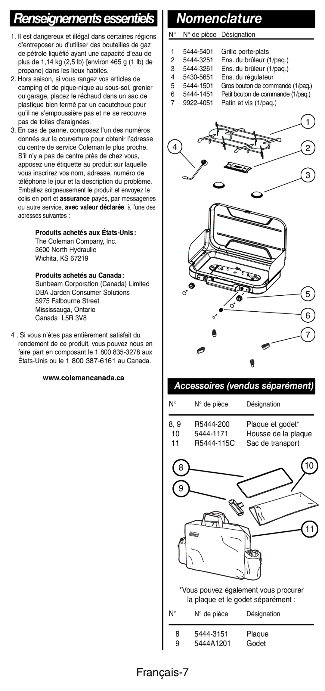 Coleman 5444 Series manual Nomenclature, Français-7 