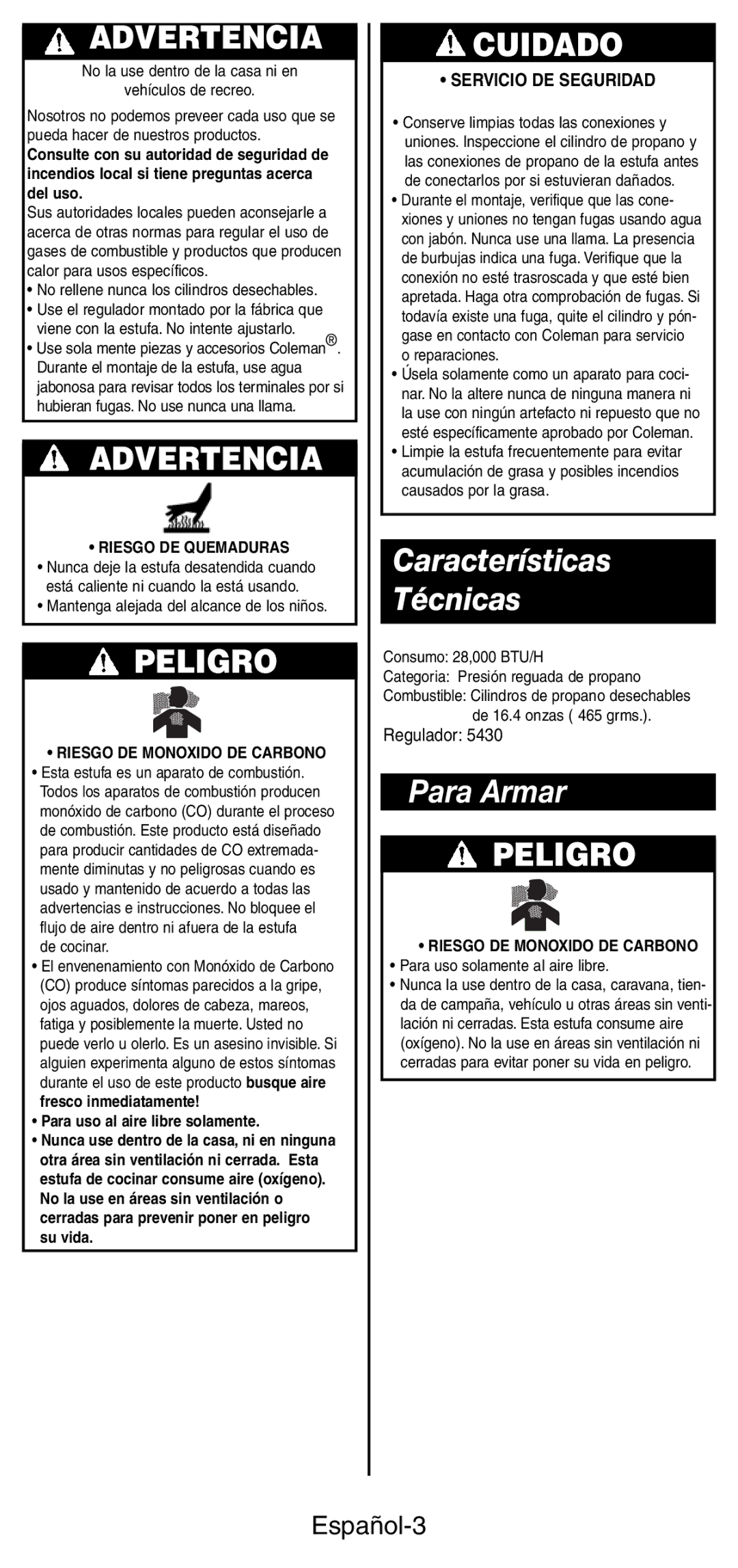 Coleman 5444 Series manual Características Técnicas, Para Armar, Español-3, Servicio DE Seguridad 