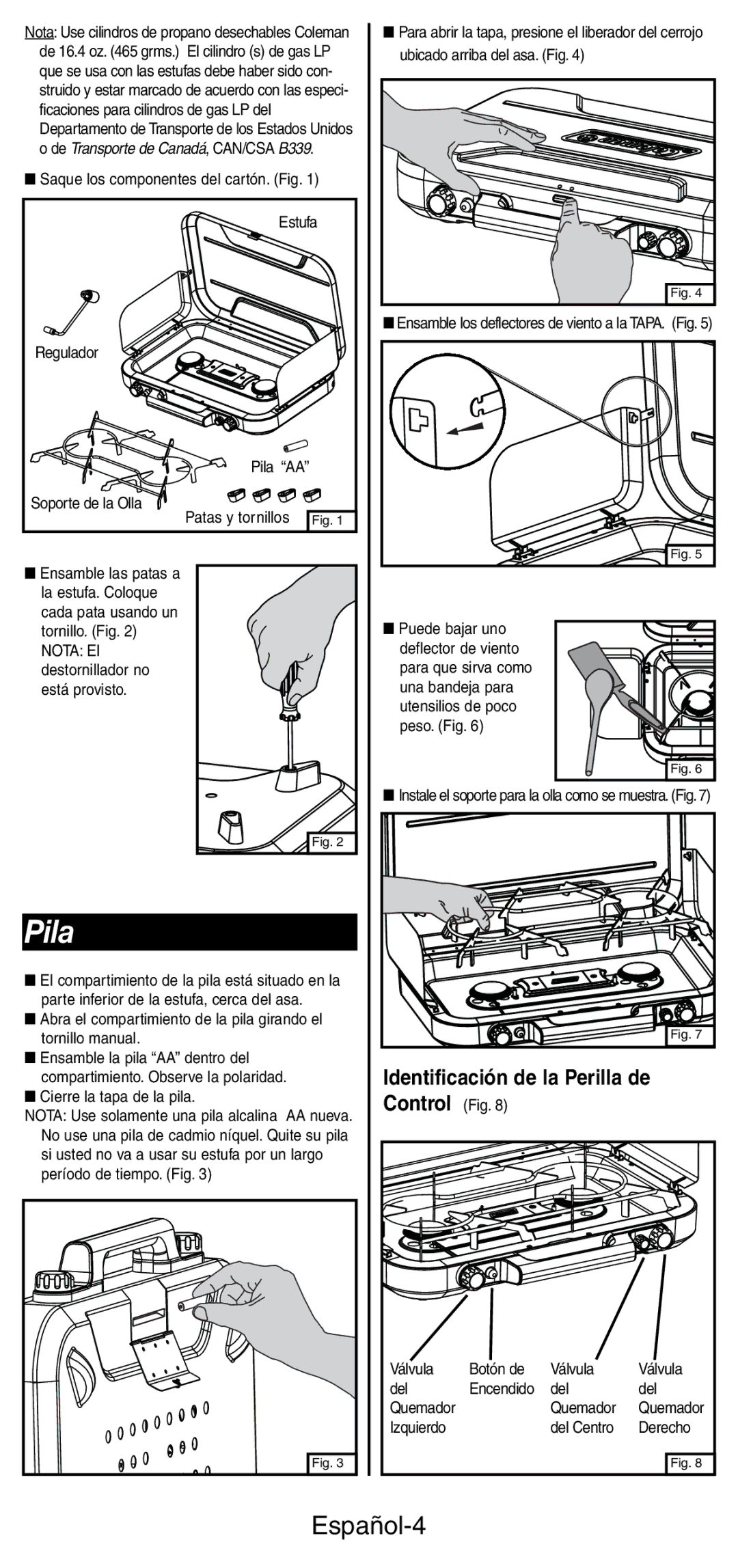 Coleman 5444 Series manual Pila, Español-4, Control Fig 