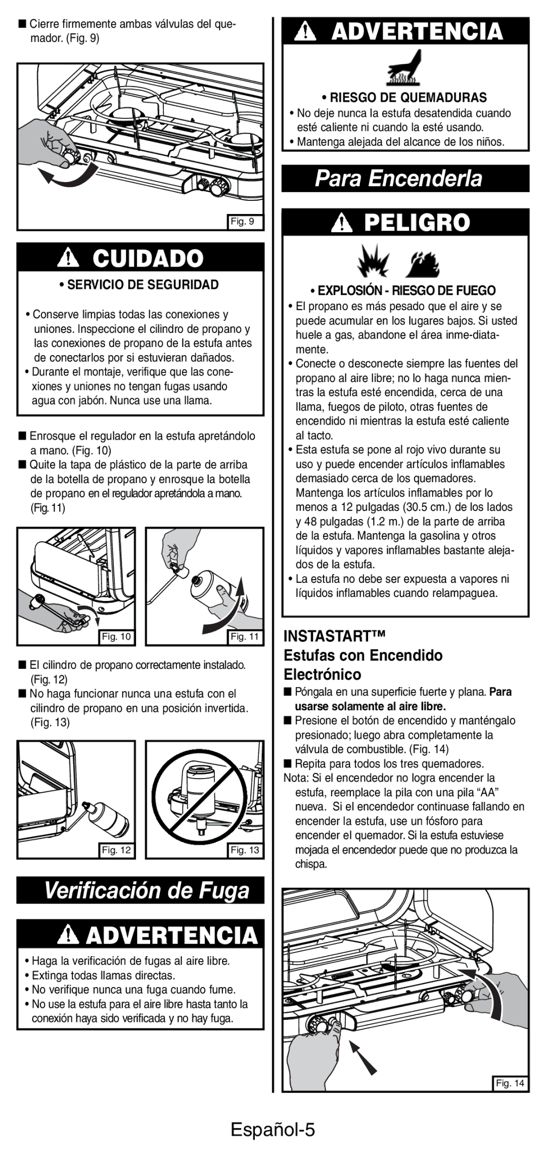 Coleman 5444 Series manual Para Encenderla, Verificación de Fuga, Español-5, Estufas con Encendido, Electrónico 