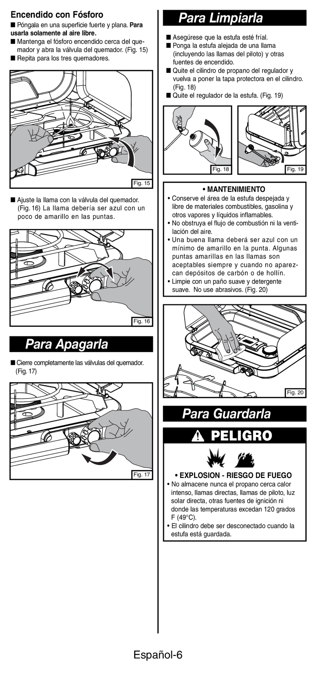 Coleman 5444 Series manual Para Limpiarla, Para Apagarla, Para Guardarla, Español-6, Encendido con Fósforo 