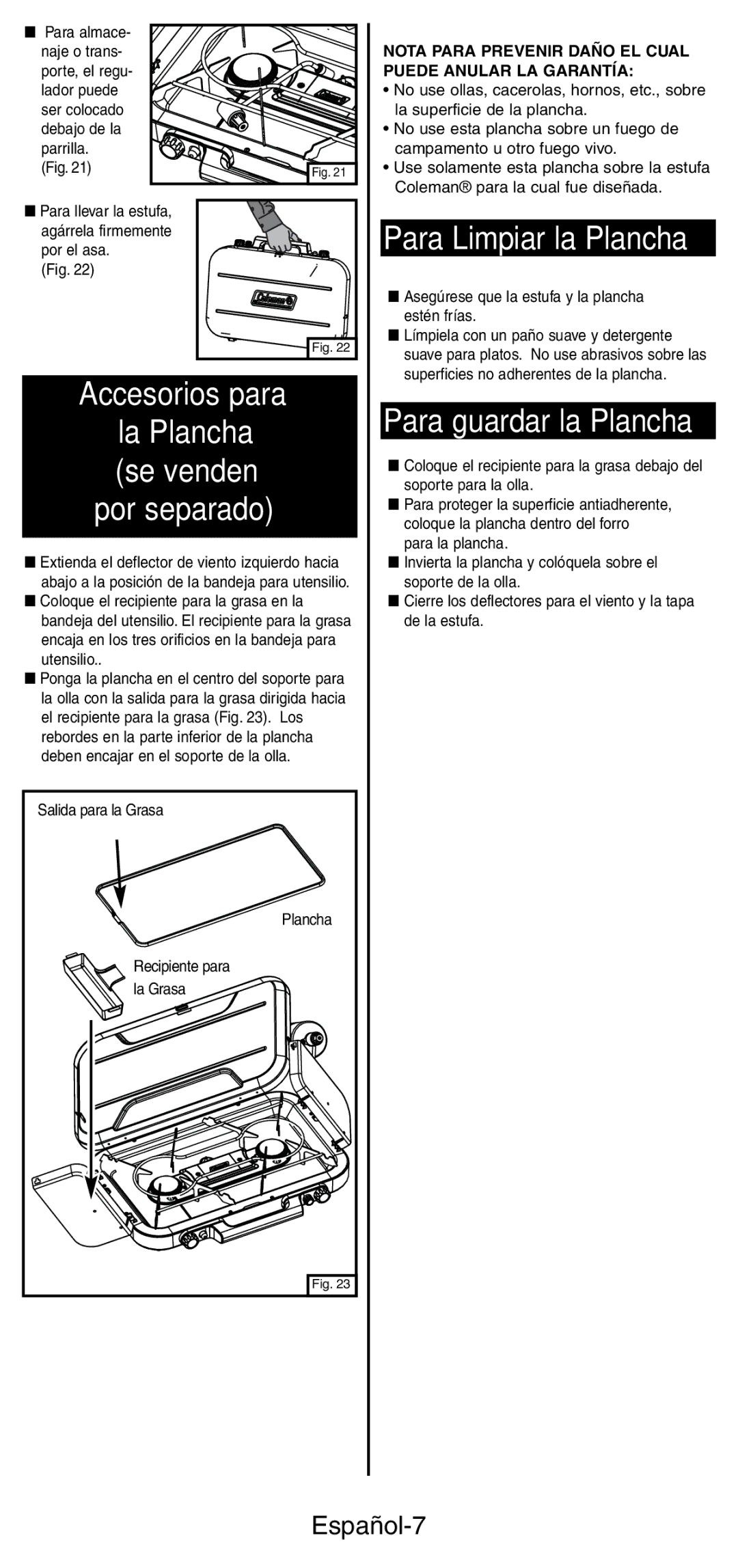 Coleman 5444 Series manual Para Limpiar la Plancha, Accesorios para, Español-7 