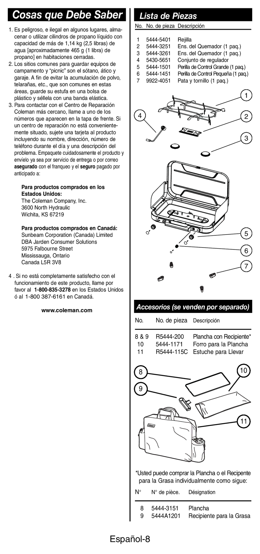 Coleman 5444 Series manual Cosas que Debe Saber, Español-8 