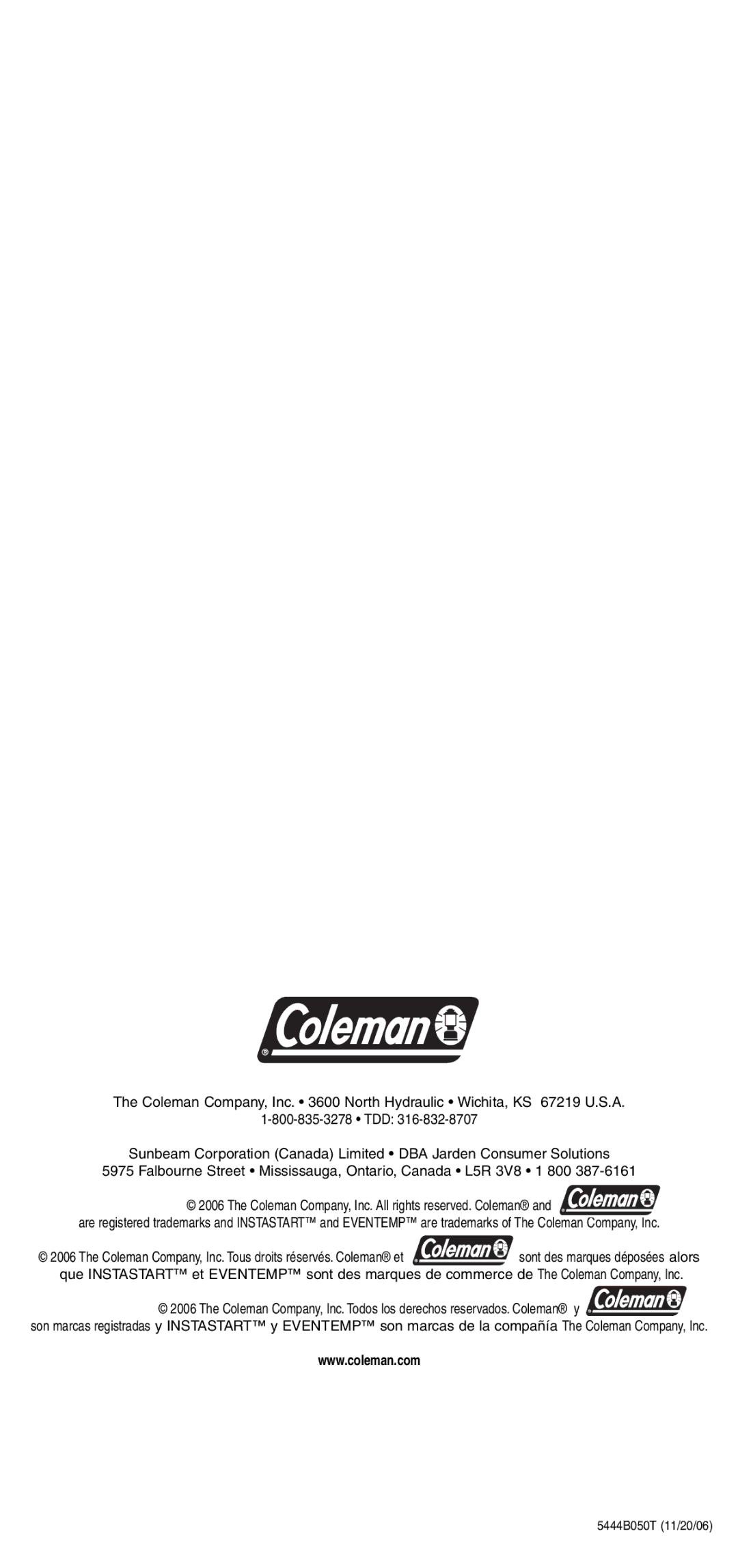 Coleman 5444 Series manual 5444B050T 11/20/06 