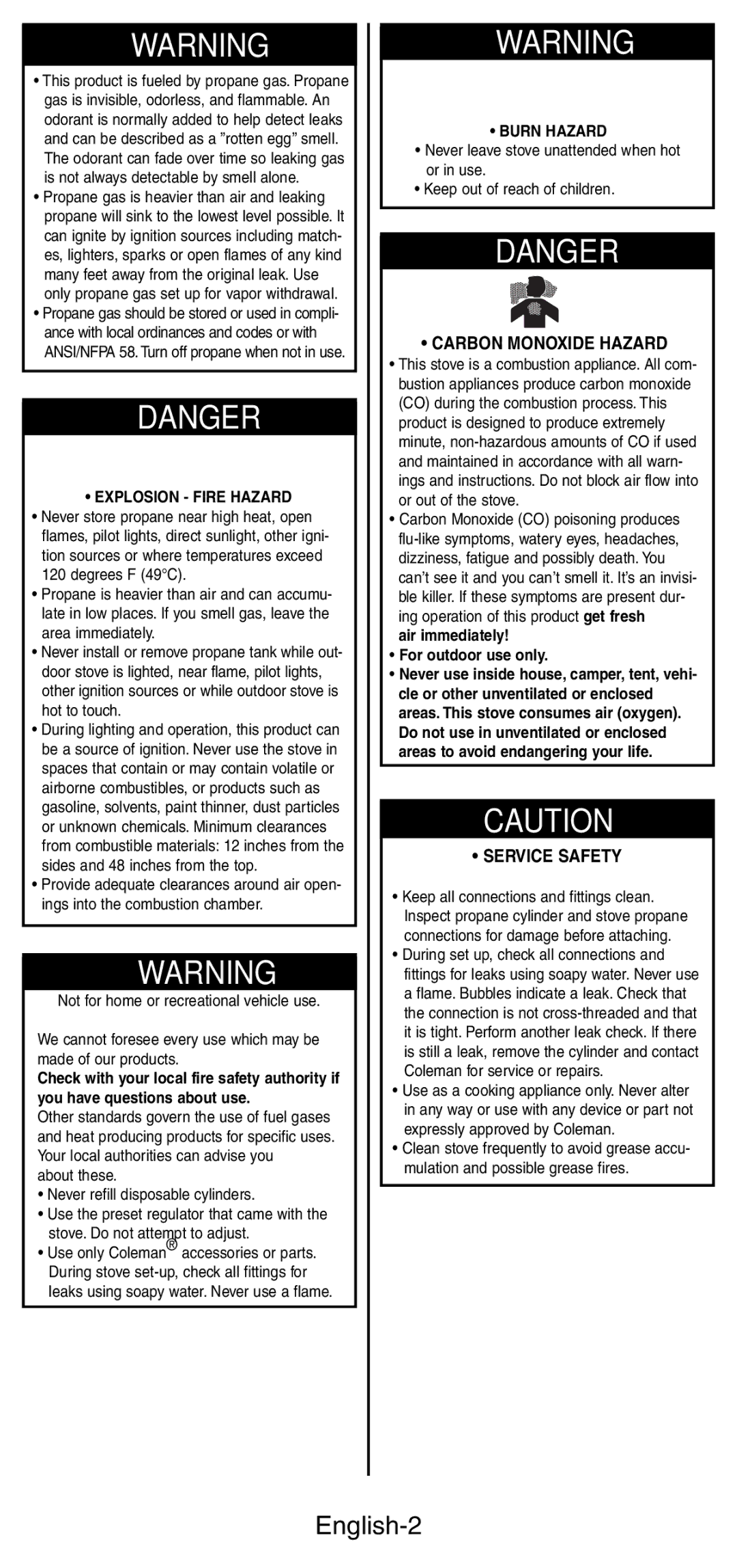 Coleman 5444 Series manual English-2, Carbon Monoxide Hazard, Service Safety, Explosion Fire Hazard, Burn Hazard 