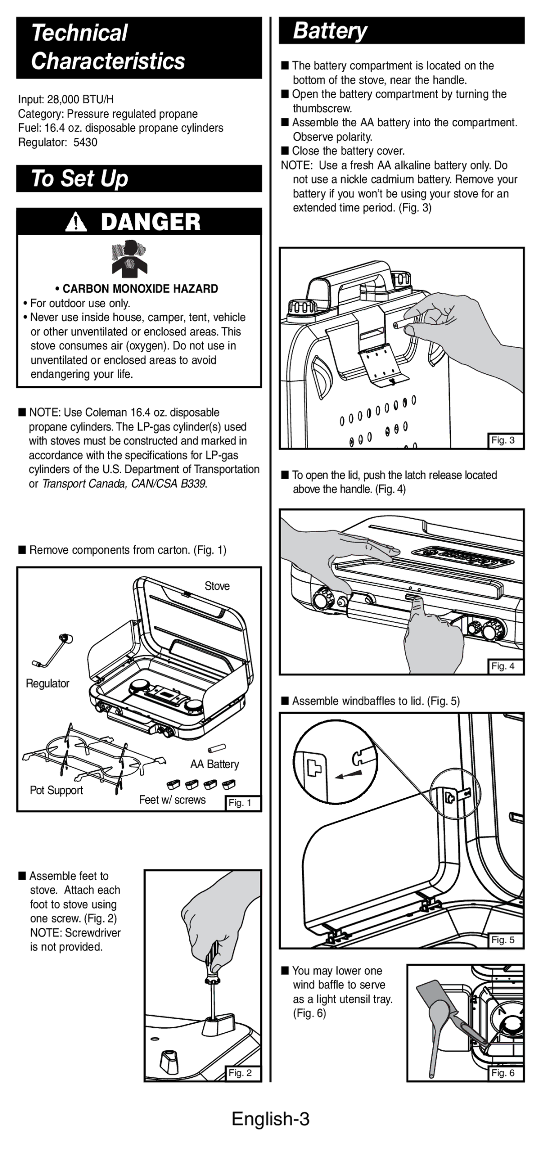 Coleman 5444 Series manual Technical Characteristics, To Set Up, Battery, English-3, Carbon Monoxide Hazard 